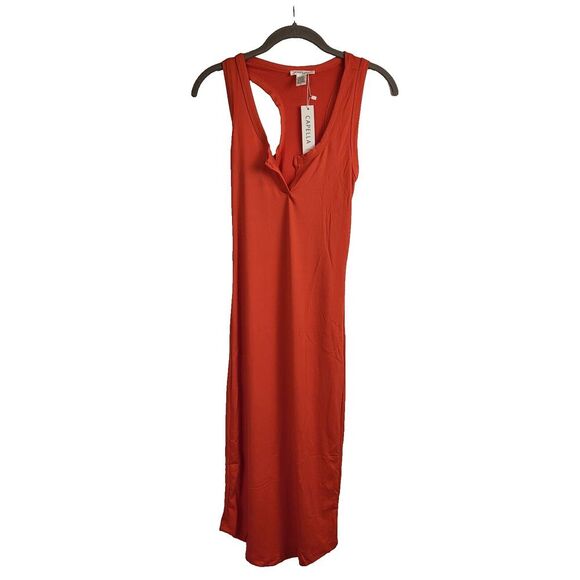 NEW Capella Split Neck Tank Bodycon Pencil Club Dress Stretch Red / Orange Large - Picture 6 of 9